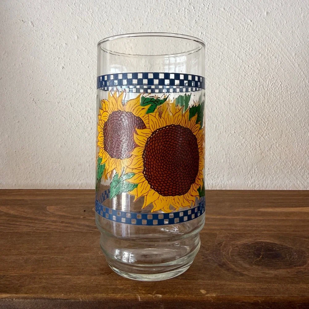 Vintage Sunflower Drinking Glass Blue Checkered Tall Tumbler Replacement Farm